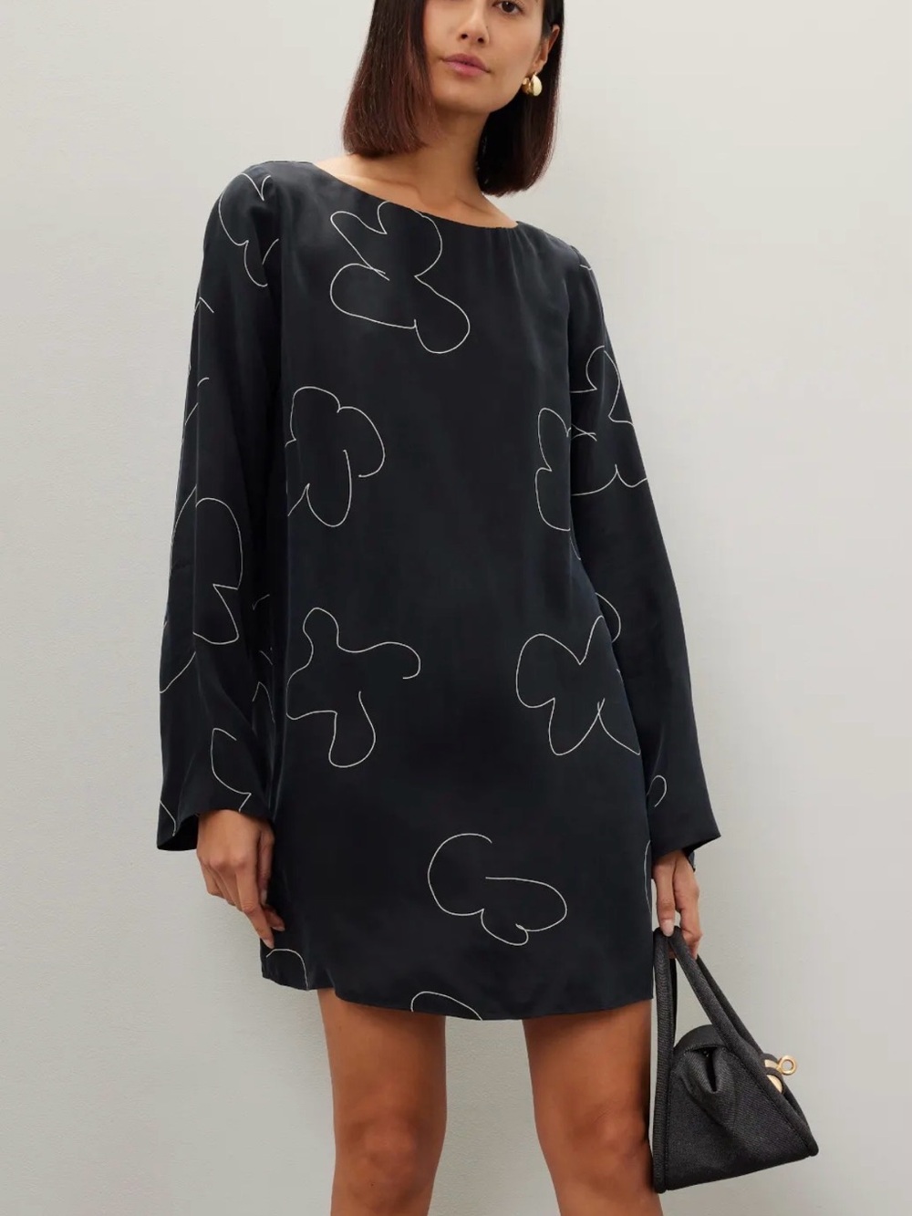 Madewell Shift Mini Dress Black Floral Long-Sleeve Abstract Detail